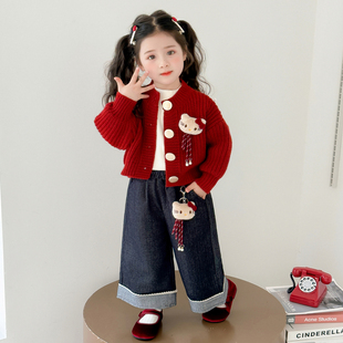 女童毛衣开衫2026新款儿童洋气时髦女宝宝春季猫咪早春装套装春秋