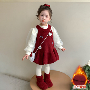女童加绒红色连衣裙猫咪2025冬季新款儿童宝宝过年冬装裙子拜年服