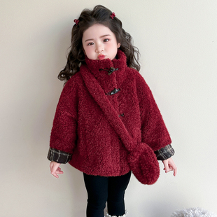 女童加绒羊羔绒毛毛外套挎包2025新款儿童红色加厚拜年服宝宝冬季