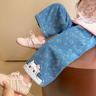 女童阔腿裤子2026春季新款儿童牛仔裤猫咪直筒裤女宝宝春秋款外穿