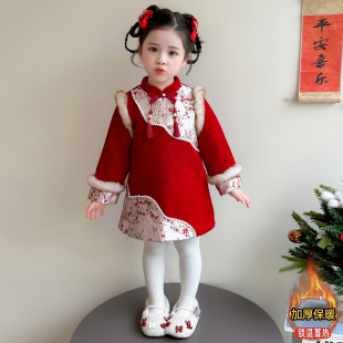 女童梅花连衣裙夹棉秋冬儿童冬季拜年服过年喜庆新年红色宝宝裙子