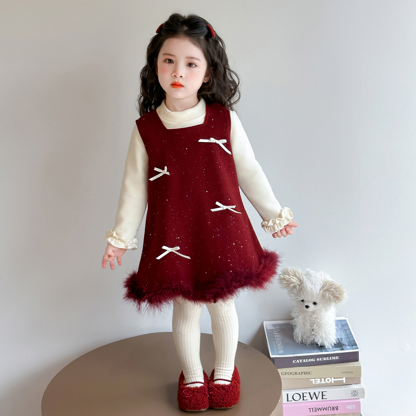 女童连衣裙加绒儿童秋冬季拜年服过年喜庆新年红色女宝宝裙子冬装