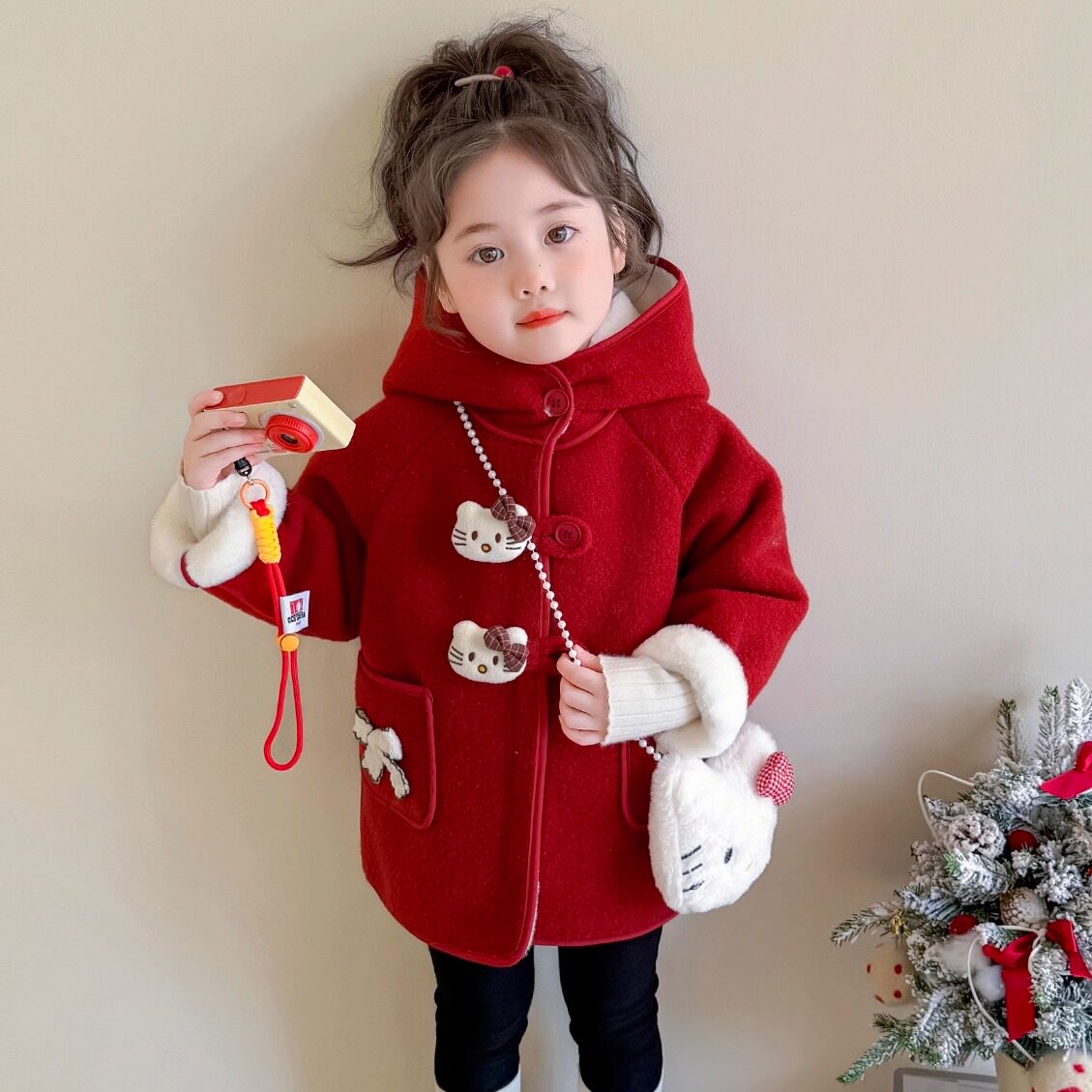 女童红色加绒毛呢大衣外套加厚秋冬季2025猫咪儿童呢子宝宝拜年服