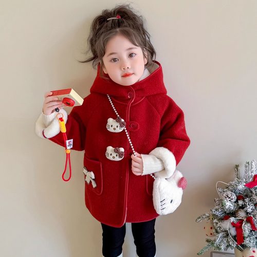 女童红色加绒毛呢大衣外套加厚秋冬季2025猫咪儿童呢子宝宝拜年服