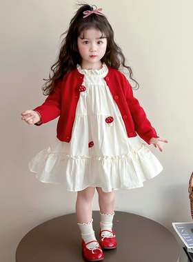 女童红色连衣裙2026新款春季裙子儿童春装蘑菇宝宝套装春秋拜年服
