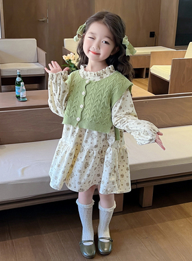 女童洋气早春季碎花连衣裙2026新款儿童春秋宝宝绿色时髦套装春装