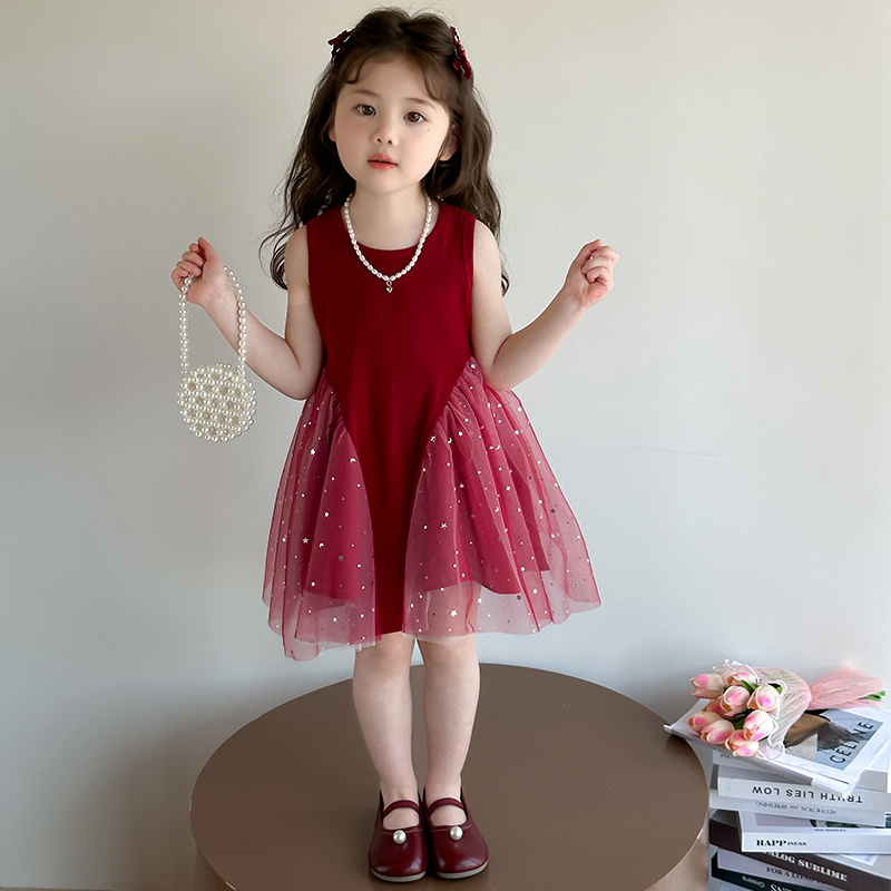 女童连衣裙2025新款夏装红纱儿童背心裙子洋气宝宝夏季夏天公主裙