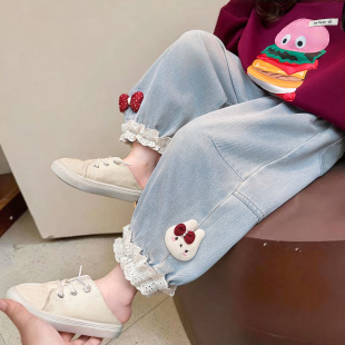女童牛仔裤春秋款2026新款儿童春季女宝宝猫咪春装直筒裤休闲裤子