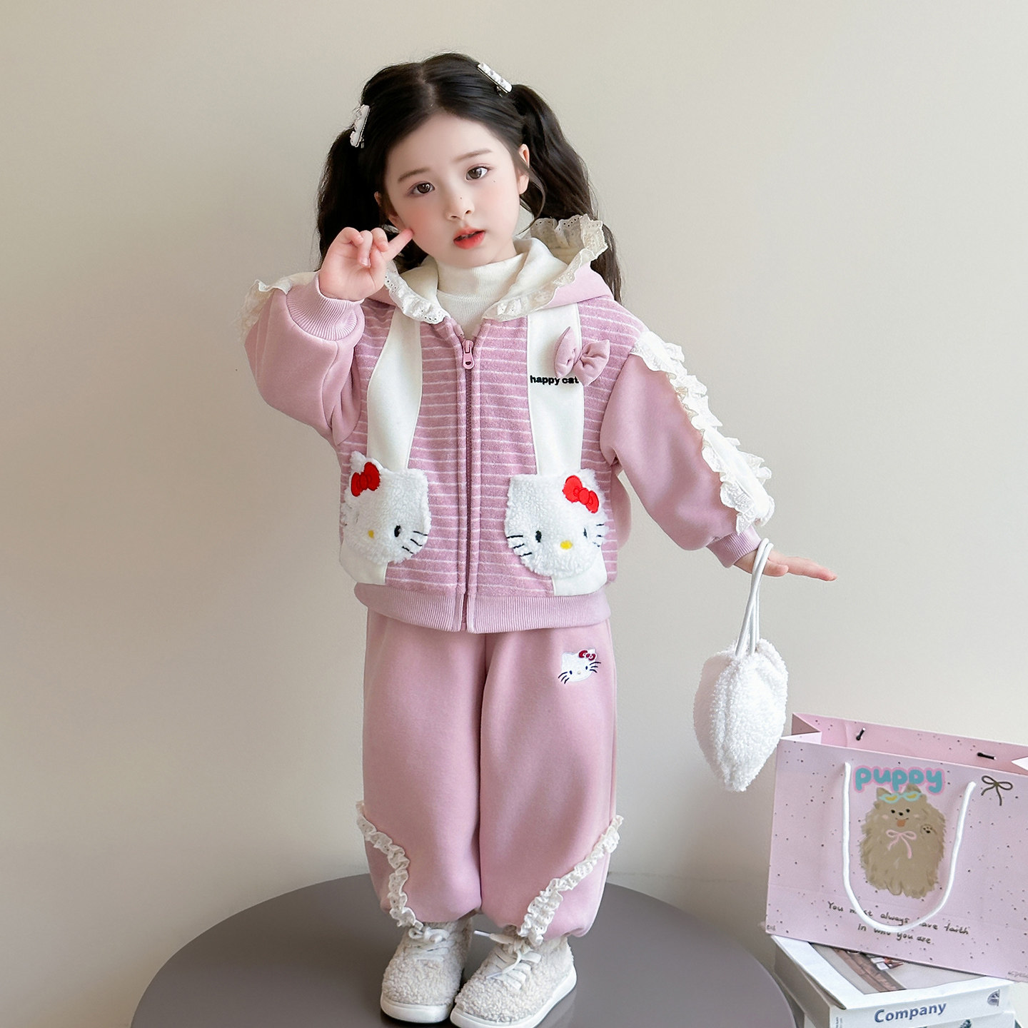 女童套装2026新款儿童早春洋气时髦加绒加厚卫衣女宝宝小猫秋冬季