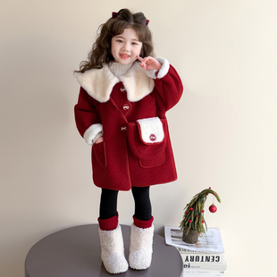 女童加绒外套拜年服2025新款儿童红色冬装毛呢大衣女宝宝冬季呢子