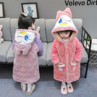 女童睡衣冬季珊瑚绒三层夹棉加厚睡袍儿童法兰绒女宝宝长款家居服