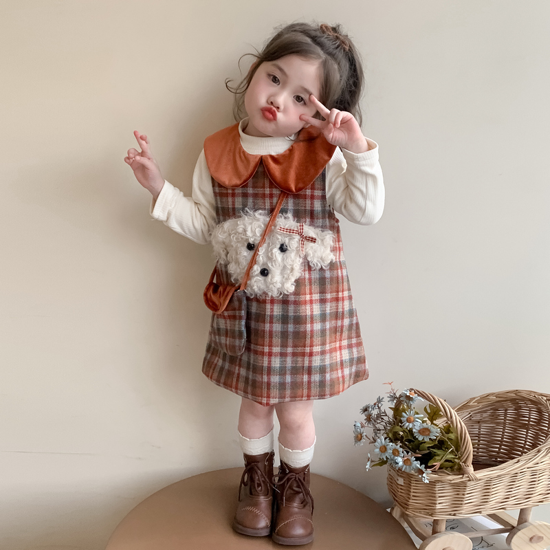 女童秋冬季三件套2025新款儿童红格子背心裙加绒公主裙休闲洋气款