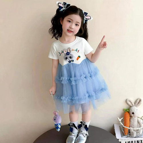女童蓝兔裙子夏装2026新款儿童夏季连衣裙女宝宝薄款公主裙小女孩