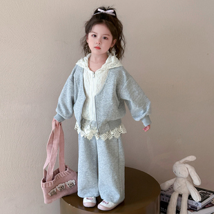 女童套装春装2026新款洋气儿童蕾丝花边春季女孩宝宝初秋运动春秋