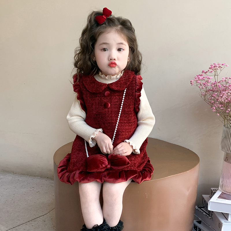 女童蝴蝶结连衣裙加绒秋冬装儿童冬季拜年服过年喜庆新年宝宝裙子