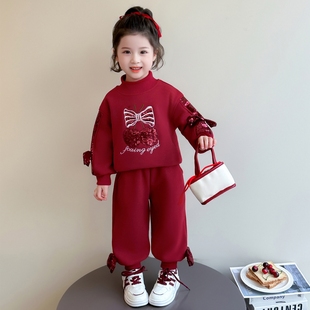 女童套装卫衣秋冬季2025新款儿童红色冬装亮片拜年服宝宝过年衣服