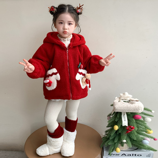 女童羊羔绒毛毛外套秋冬加绒加厚2025新款儿童红色女宝宝初冬上衣