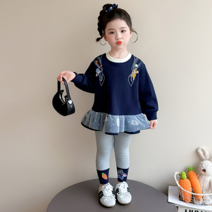 女童春秋款蓝兔套装2026新款洋气时髦儿童女宝宝春季春装早春卫衣