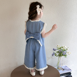 女童夏季套装2026新款儿童宝宝超好看牛仔花边夏装小女孩洋气时髦