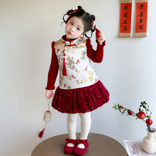 女童连衣裙过年拜年服冬装2025新款儿童国风红色宝宝金鱼旗袍裙子