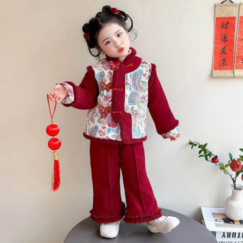 女童汉服拜年服冬装2025新款儿童新年红色女宝宝唐装过年衣服套装