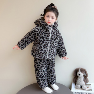 儿童法兰绒三层夹棉睡衣宝宝加绒加厚女童秋冬季 珊瑚绒家居服蓝豹