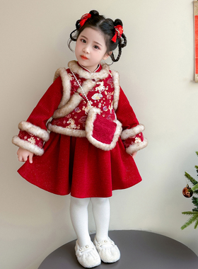 女童连衣裙小马儿童冬季拜年服新年过年衣服装红色女宝宝裙子冬装