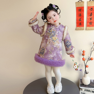 女童连衣裙冬装2025新款儿童宝宝新年牡丹国风旗袍裙子过年拜年服