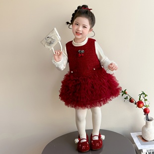 女童连衣裙樱桃儿童秋冬季拜年服过年喜庆新年红色女宝宝裙子冬装