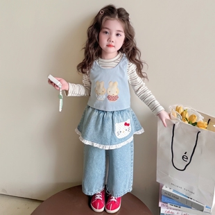 女童春季套装2026新款洋气时髦春装猫咪牛仔春秋儿童女宝宝三件套