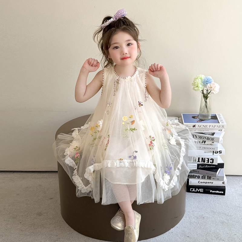 女童公主裙小女孩裙子背心裙夏装2025新款夏季儿童珍珠碎花连衣裙