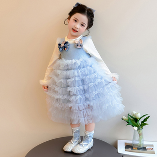 女童连衣裙秋装2025新款公主风蝴蝶结网纱蛋糕裙儿童蓬蓬裙
