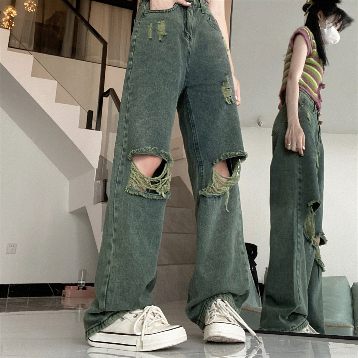 夏季美式街头 ins嘻哈墨绿色破洞牛仔裤阔腿裤女 DS-B247-K99-P55图片