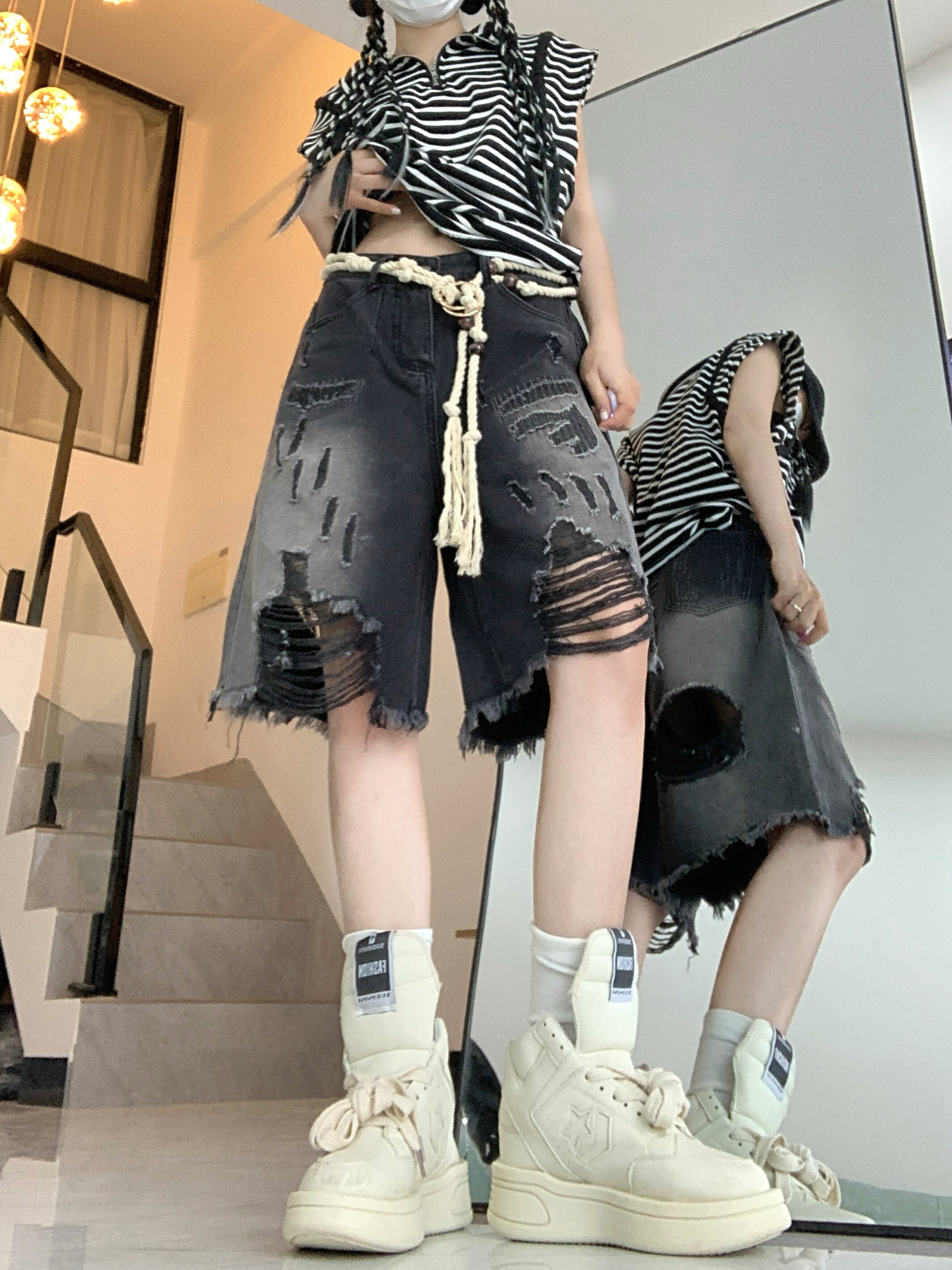23夏性复古渐变暗黑风破坏流苏牛仔裤女系短裤DS-B247-K59-P48图片