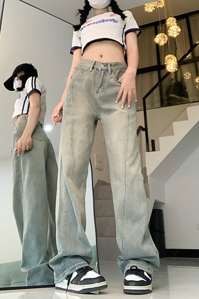 夏季美式街头做旧水洗高腰复古牛仔裤女直筒裤DS-B247-K26-P49图片