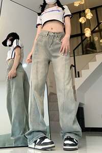 夏季美式街头做旧水洗高腰复古牛仔裤女直筒裤DS-B247-K26-P49图片