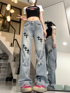 夏季十字架贴布牛仔裤男女直筒宽松阔腿裤DS-B247-K88-P65,黑色开叉喇叭裤穿搭学生图片