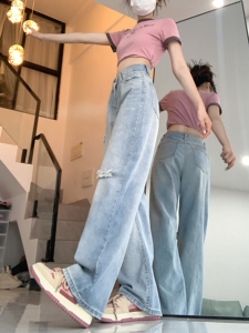 夏季破洞牛仔裤女欧美高街美式hiphop宽松直筒 DS-B247-K56-P58图片