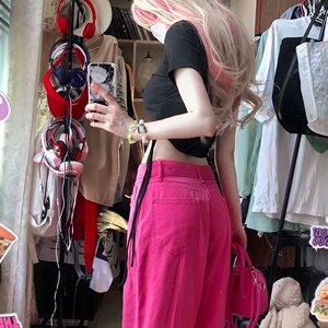火龙果色裤子ins高街潮牛仔裤女直筒裤子  DS-B247-K103-P60图片