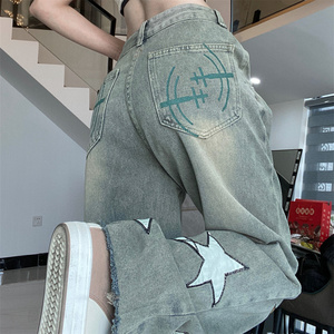 夏季星星刺绣复古高腰直筒毛边牛仔裤女DS-B247-K98-P49图片
