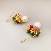仙女系珍珠碧玺花朵造型个性 高雅款 耳饰耳环