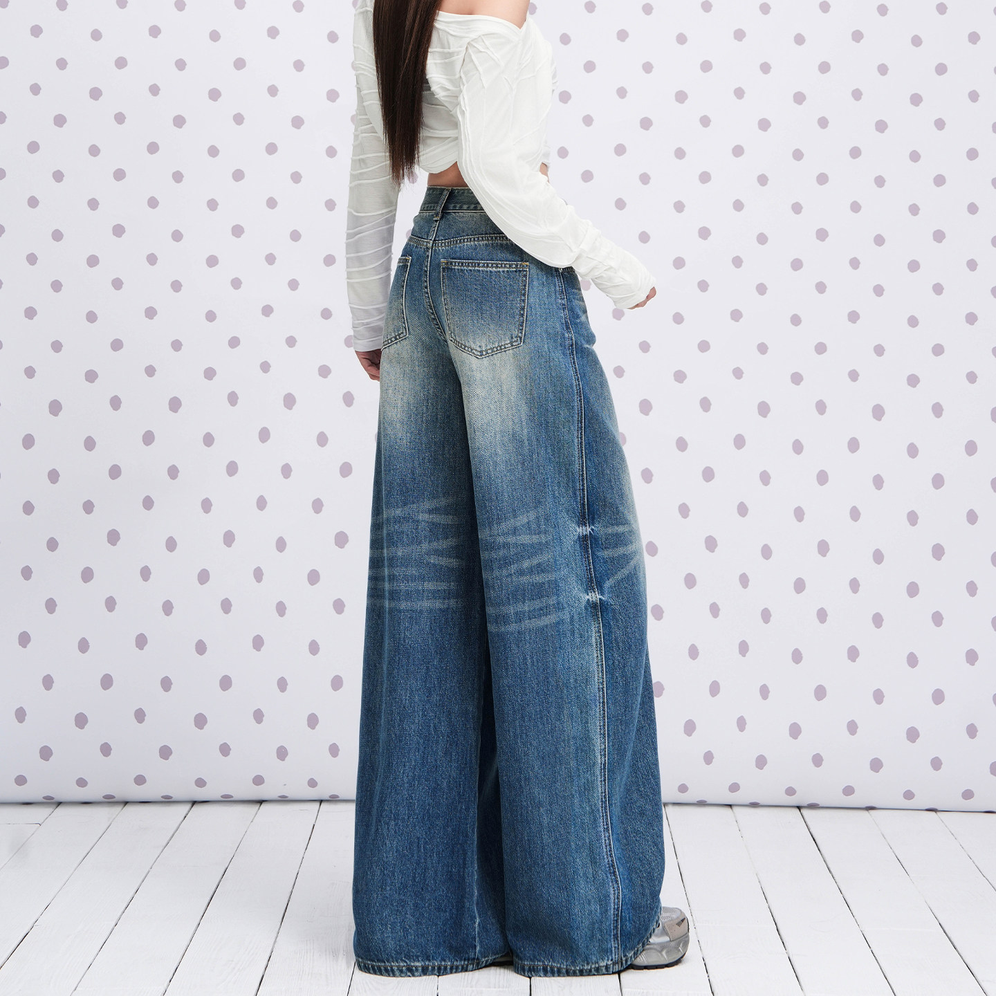复古蓝色美式重工阔腿牛仔裤女2026夏季新款宽松显瘦直筒拖地裤子