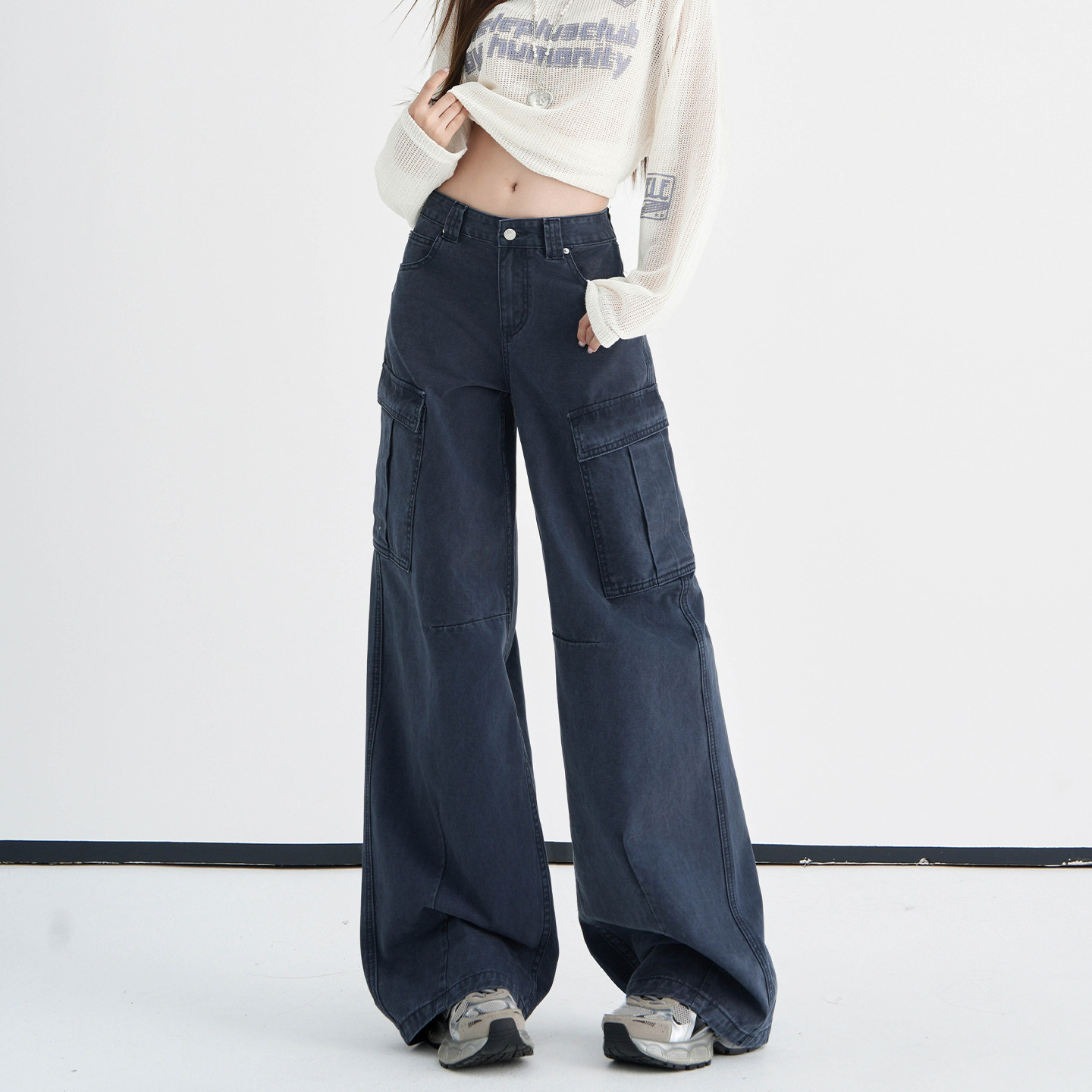 美式复古休闲工装阔腿牛仔裤女2026秋装新款多口袋百搭直筒拖地裤