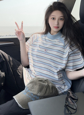 DYXY韩式ins条纹字母刺绣短袖T恤显瘦2026夏季女小众撞色百搭上衣