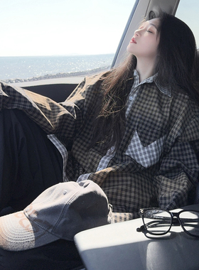 DYXY美式格子拼接渐变衬衫撞色洗水设计感韩版外套上衣oversize潮