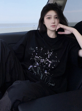 DYXY美式高街复古紫花设计感短袖T恤2025夏款新款oversize圆领ins