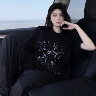 新款 T恤2025夏款 oversize圆领ins 高街复古紫花设计感短袖 DYXY美式