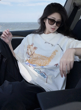 DYYX美式高街卡通狗狗印花设计感短袖T恤可爱上衣情侣男女ins潮牌