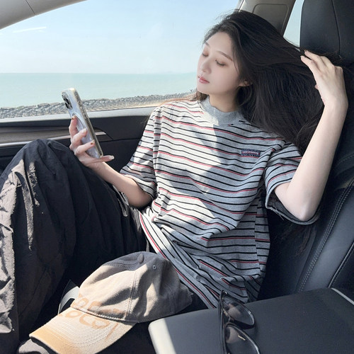 韩式ins条纹短袖T恤男女2026撞色