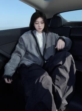 DYXY美式高街oversize慵懒感灰色毛衣开衫2024冬季针织外套小众潮